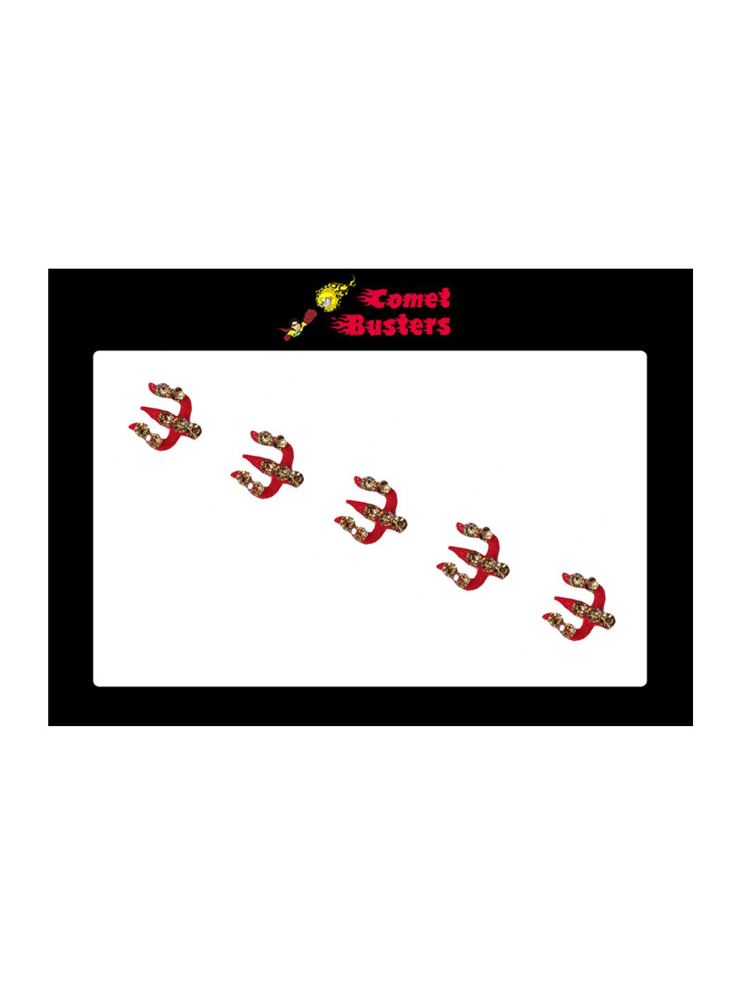 Comet Busters 5 Pcs Embellished Reusable Trishul-Shaped Designer Bindis - Red