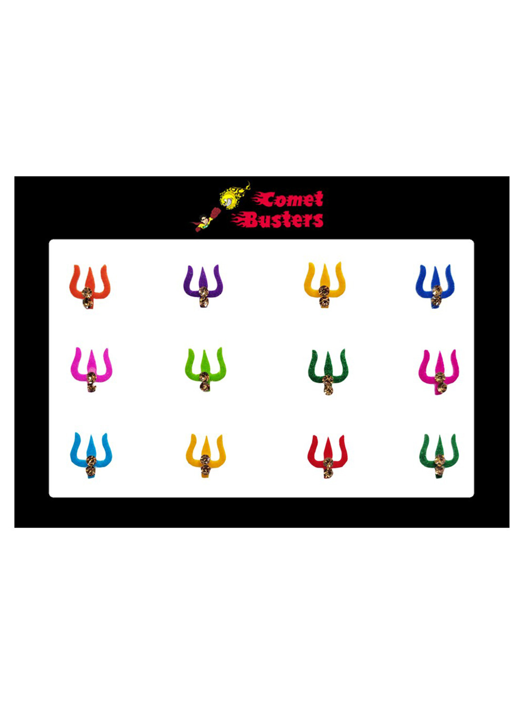 Comet Busters 12 Pcs Embellished Reusable Trishul-Shaped Designer Bindis - Multicoloured