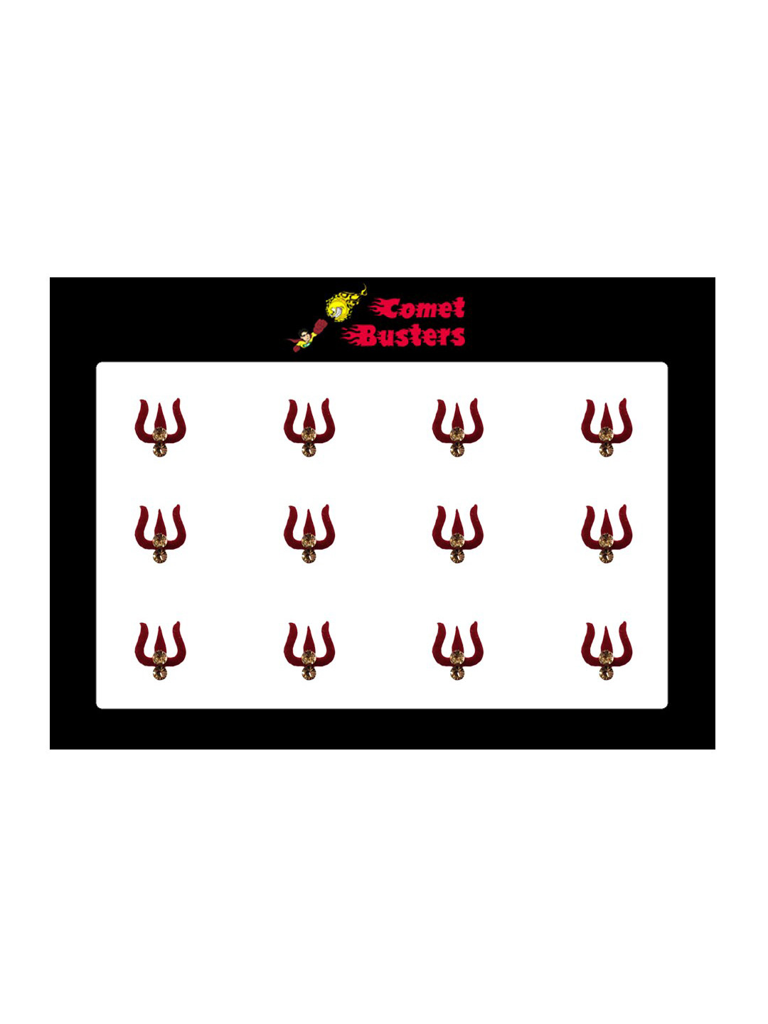 Comet Busters 12 Pcs Embellished Reusable Trishul-Shaped Designer Bindis - Maroon