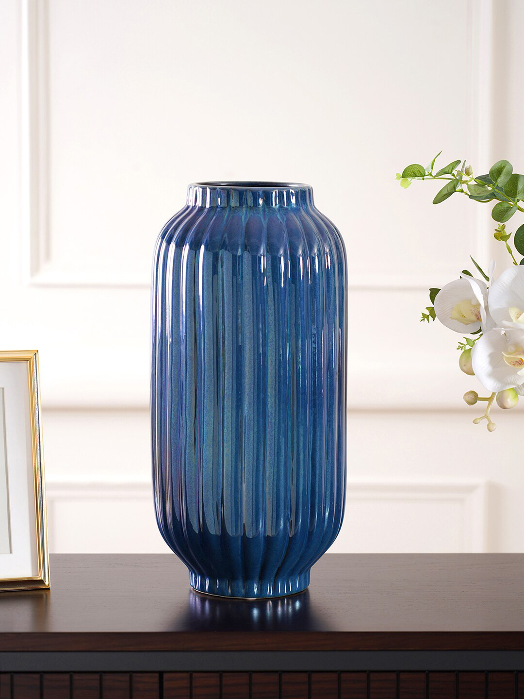 Pure Home and Living Sapphire Ribbed Medium Vases