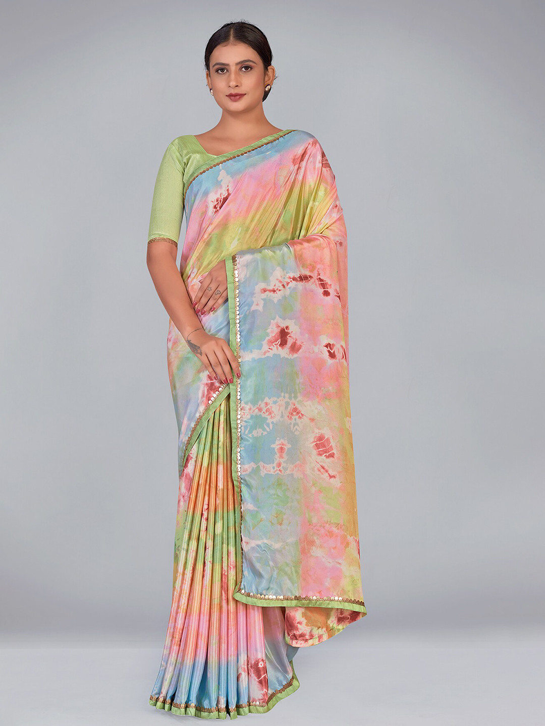 Monjolika Fashion Tie and Dye Silk Blend Block Print Saree