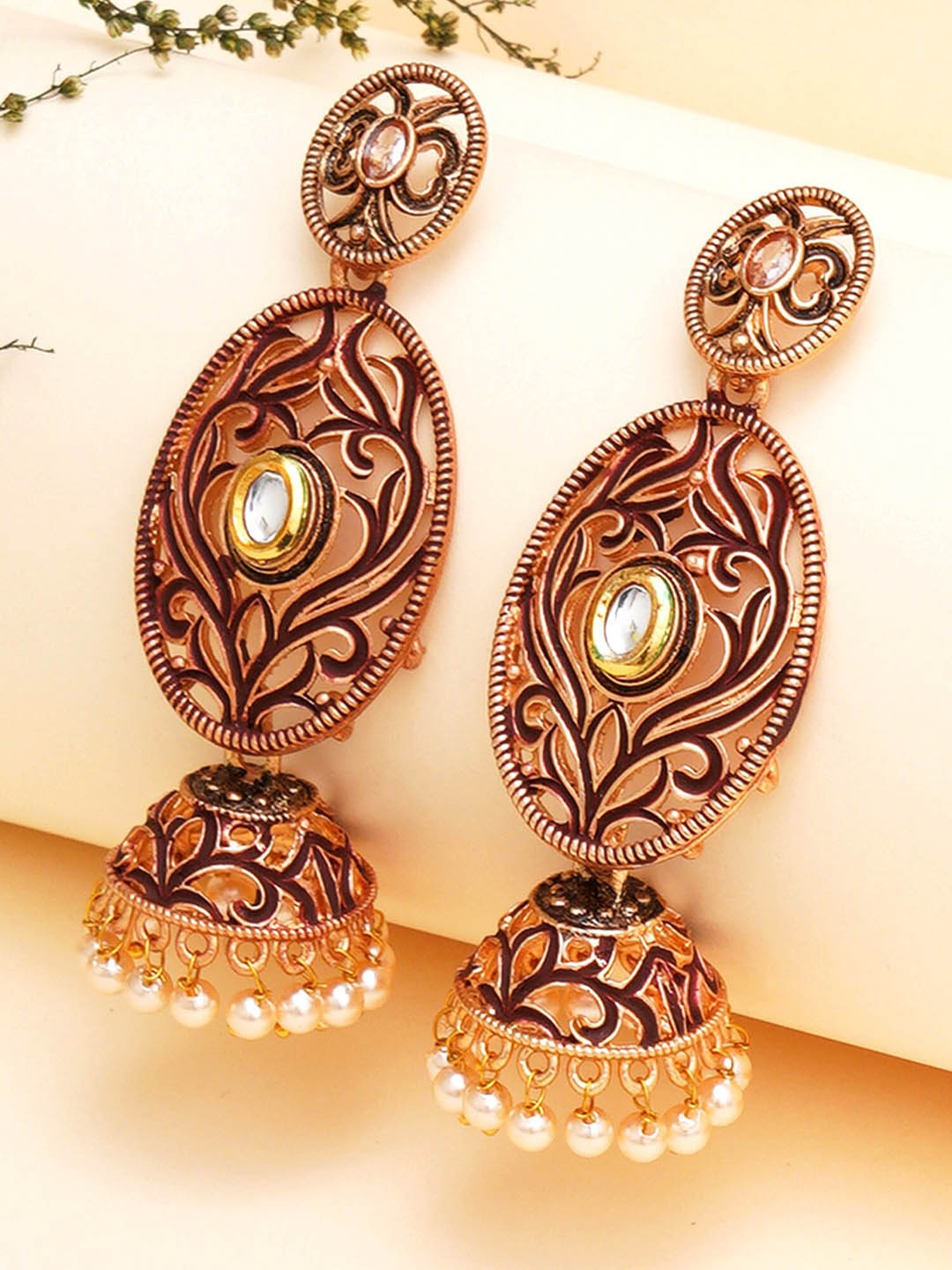 KARATCART Maroon Contemporary Dangler Gold-plated  Jhumkas Earrings