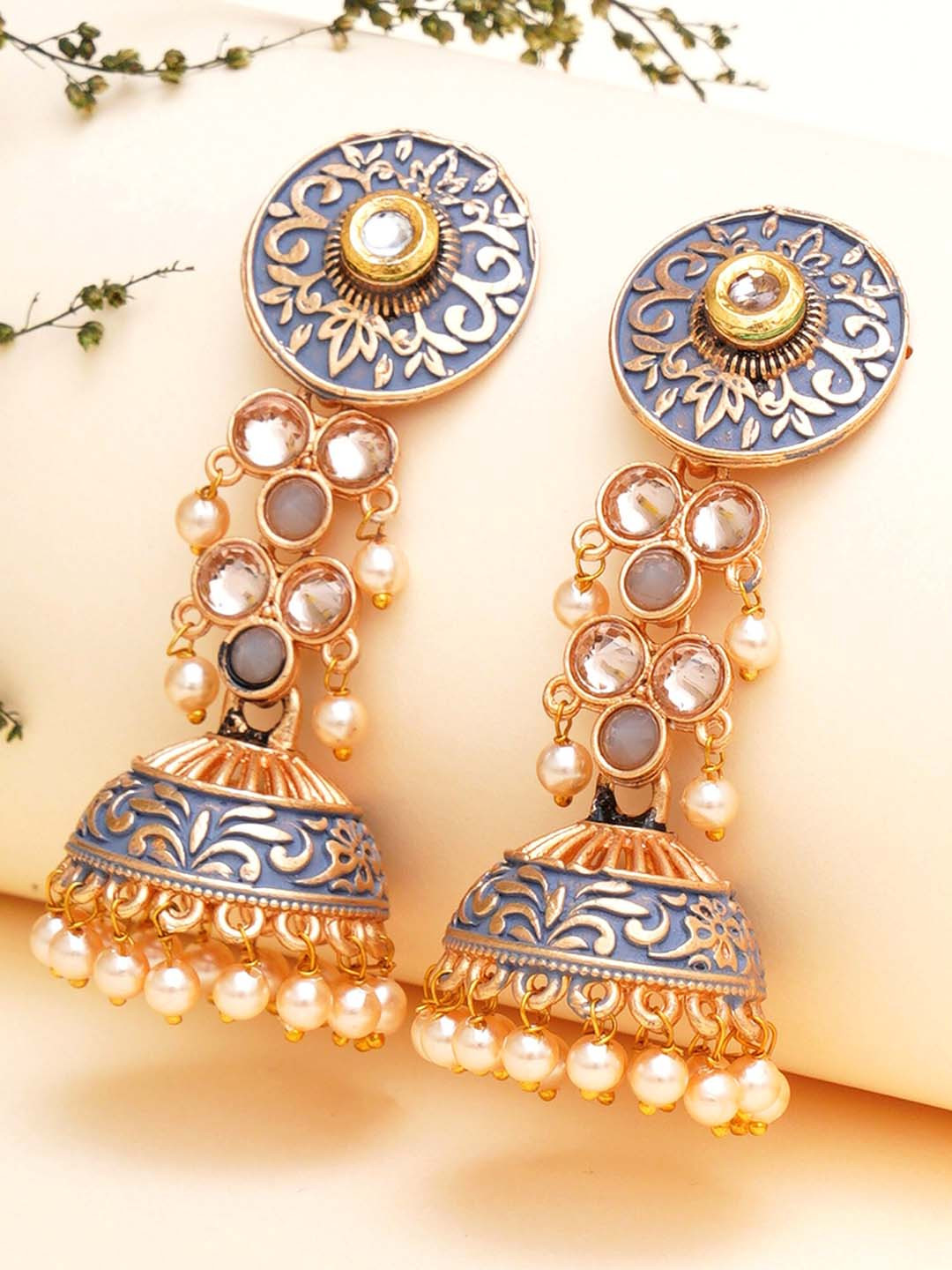 KARATCART Contemporary Pearl Studded Gold-plated Jhumkas Earrings