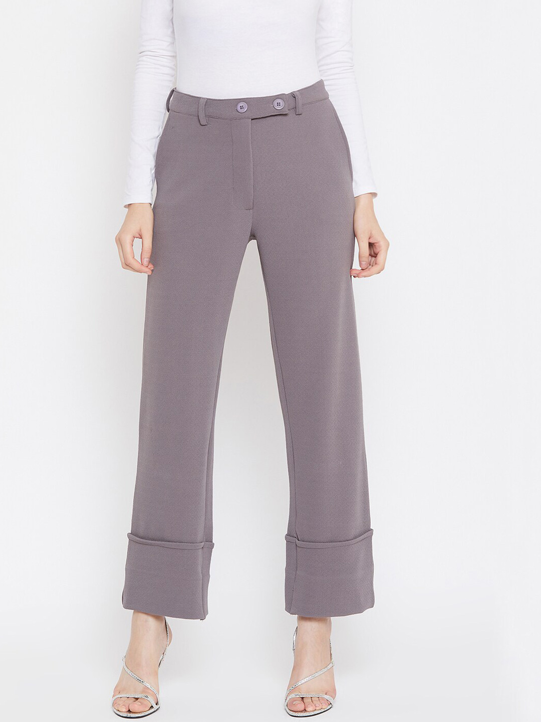 Zastraa Women Grey Relaxed Straight Leg Flared Trousers