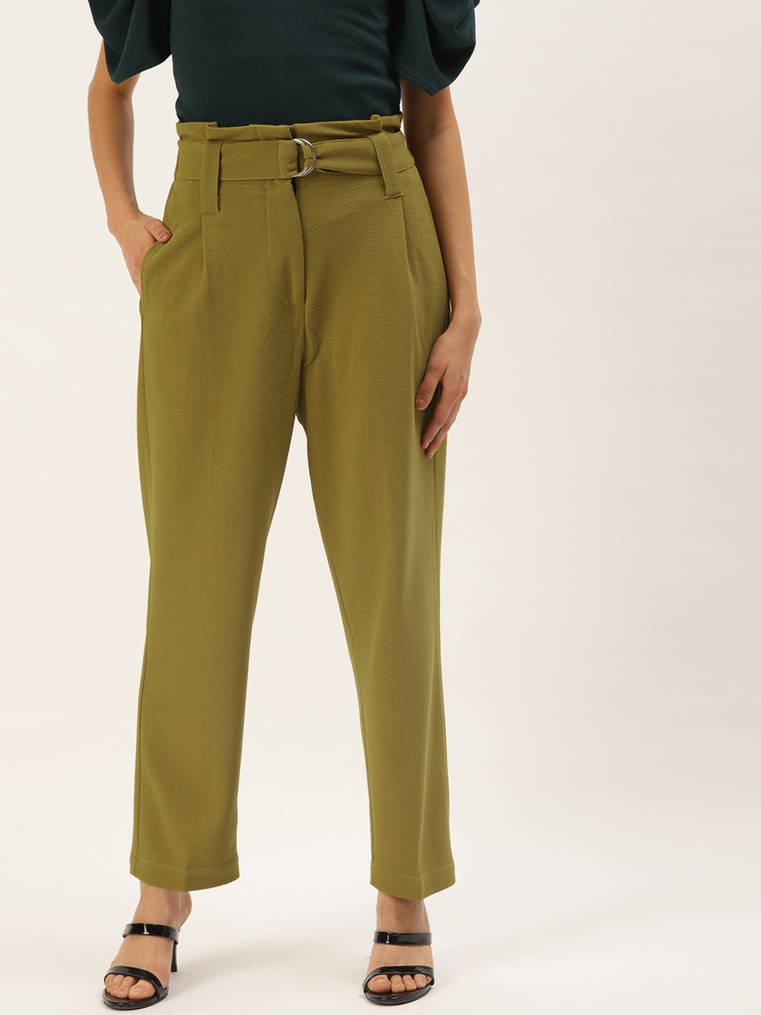 Zastraa Women Camel Brown Peg Leg Slim Fit High-Rise Pleated Trousers