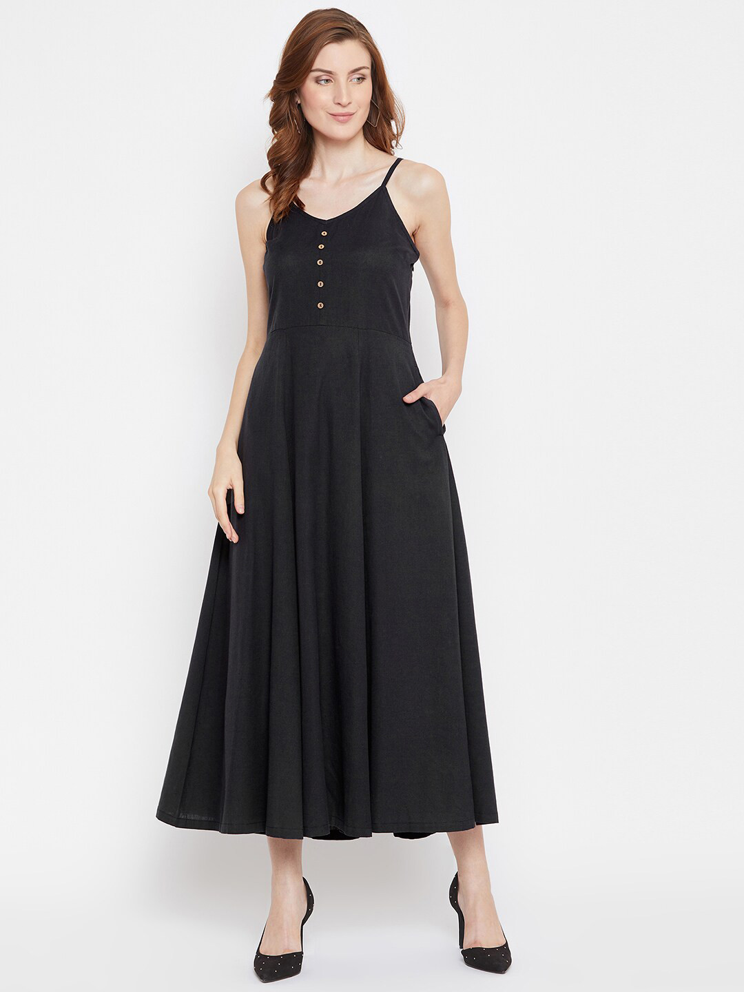 Zastraa Cotton Solid A-Line Maxi Dress