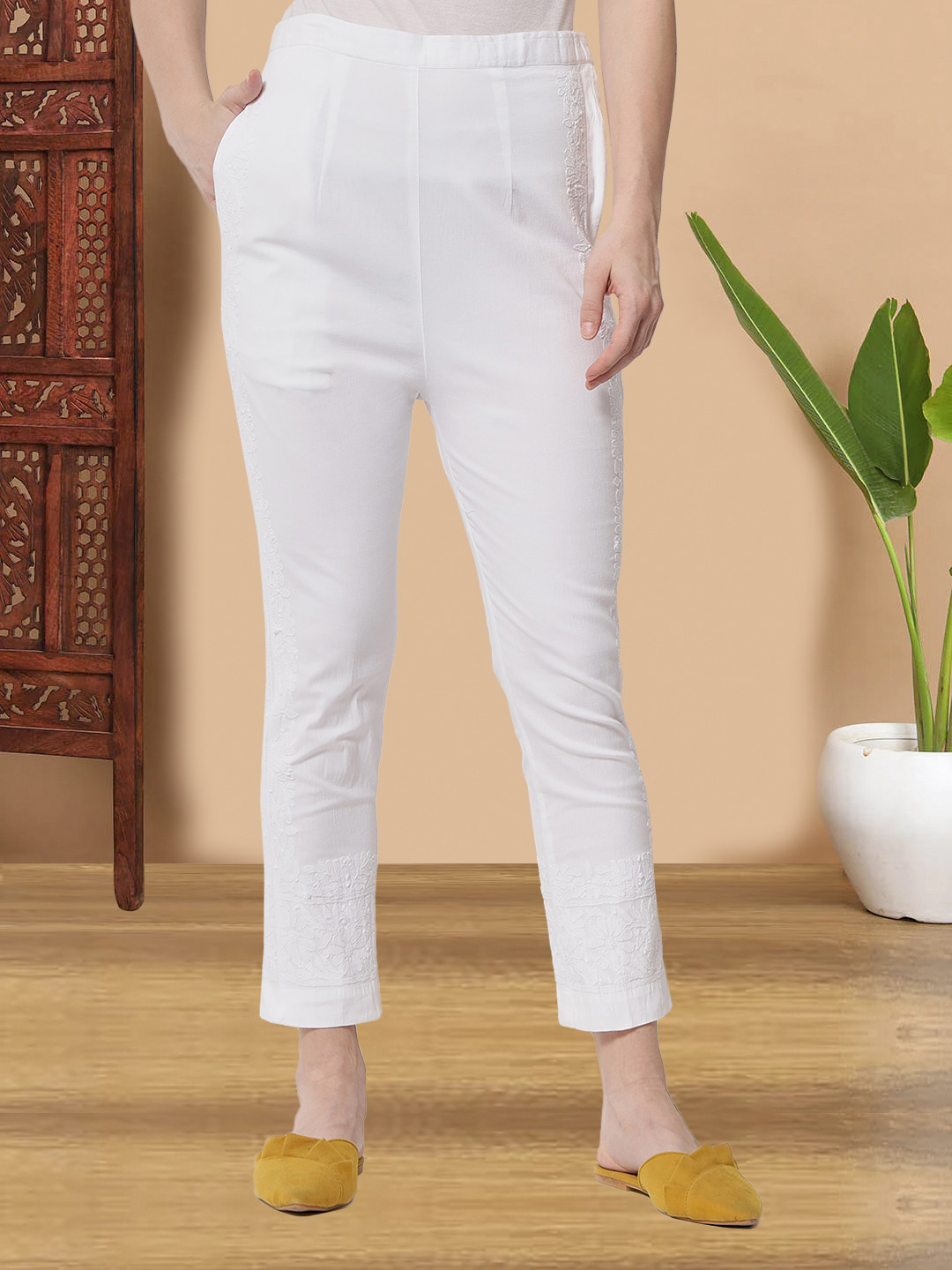 PARAMOUNT CHIKAN Women White Slim Fit Hand Embroidered Chikankari Pleated Trousers