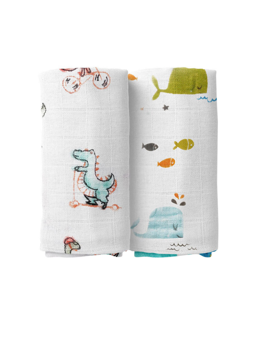 Moms Home Pack Of 2 Organic Cotton Soft Baby Muslin Swaddle Dino Whale Combo 100cm x 100cm