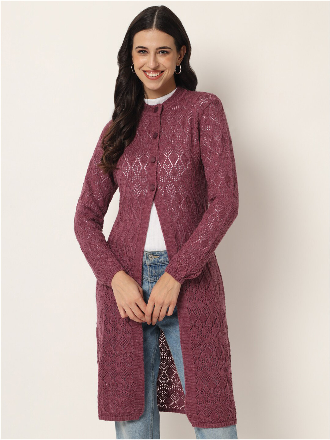 BROOWL Women Purple Self Design Longline Woolen Cardigan