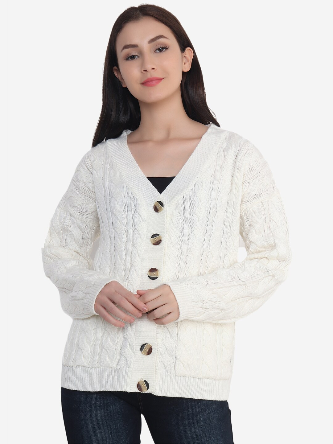 JoE Hazel Women White Cable Knit Cardigan