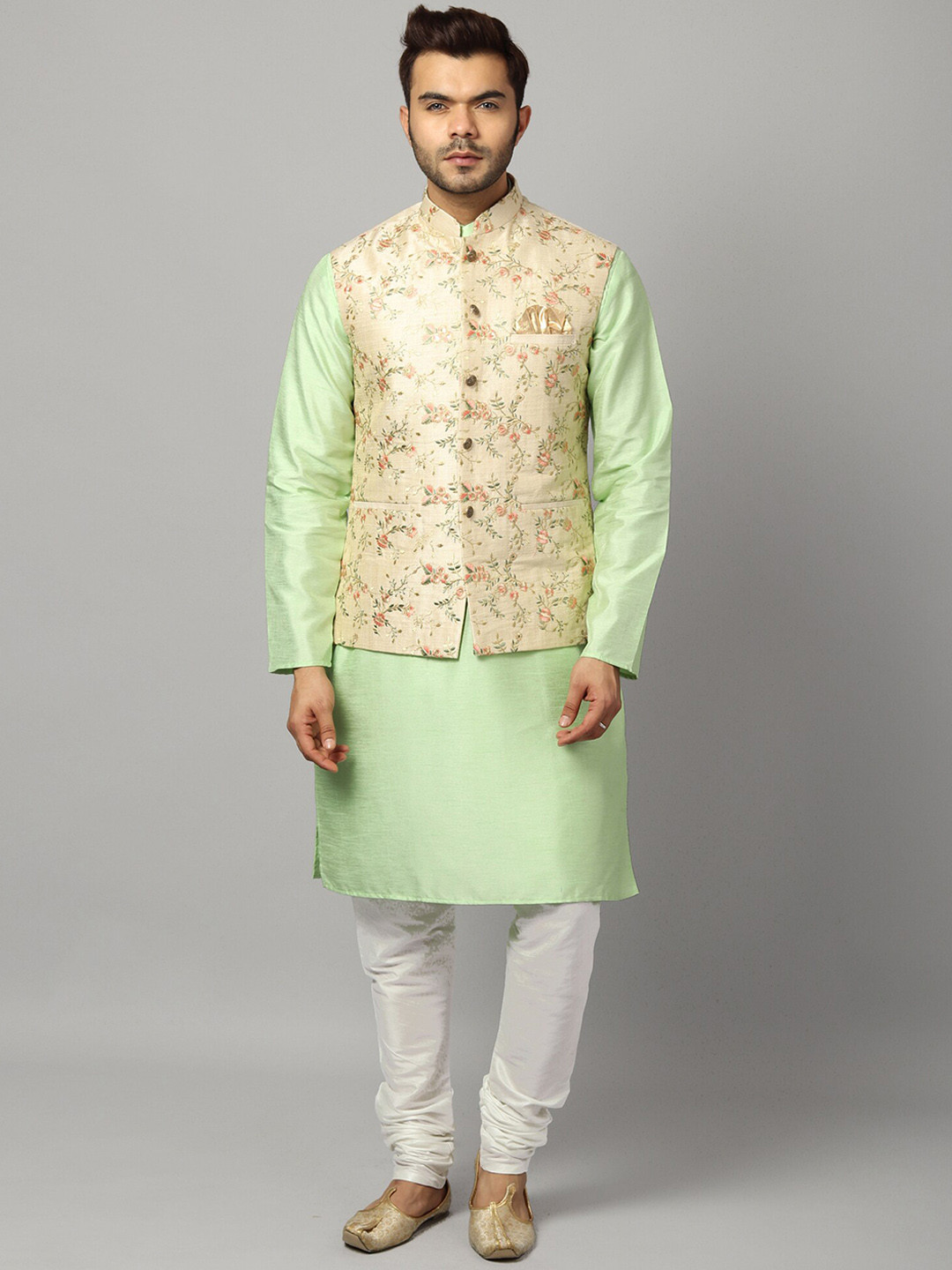 Uri and MacKenzie Men Green Embroidered Kurta with Churidar