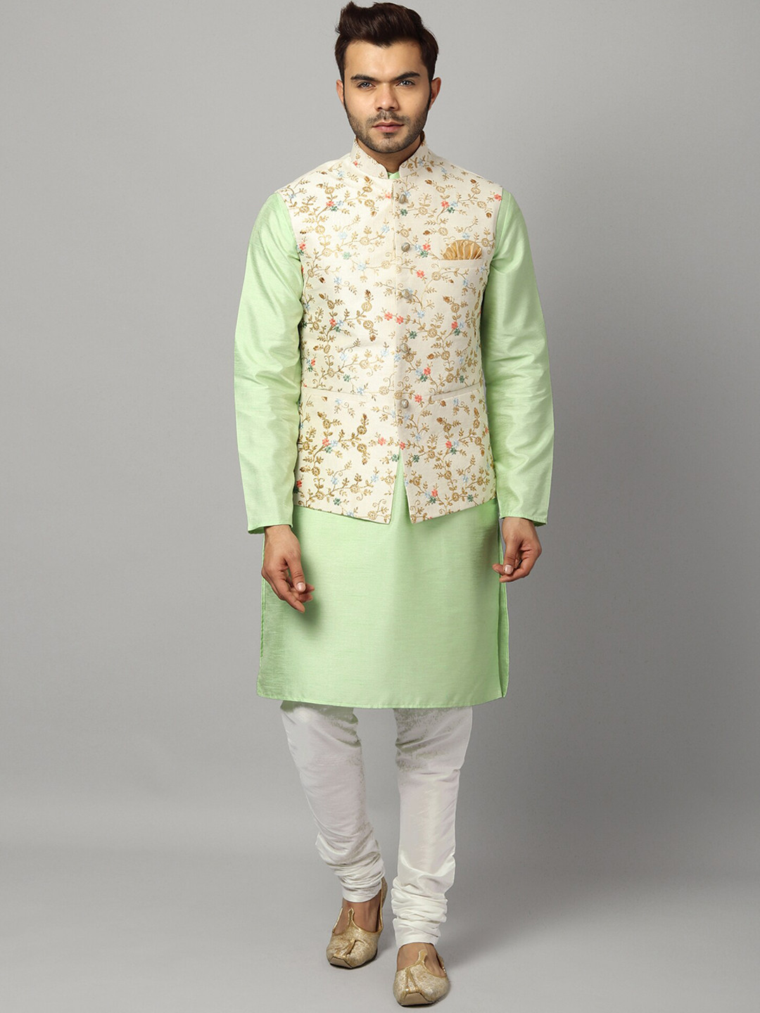Uri and MacKenzie Men Green Angrakha Kurta with Churidar with Embroidered Ethnic Bundi Jacket