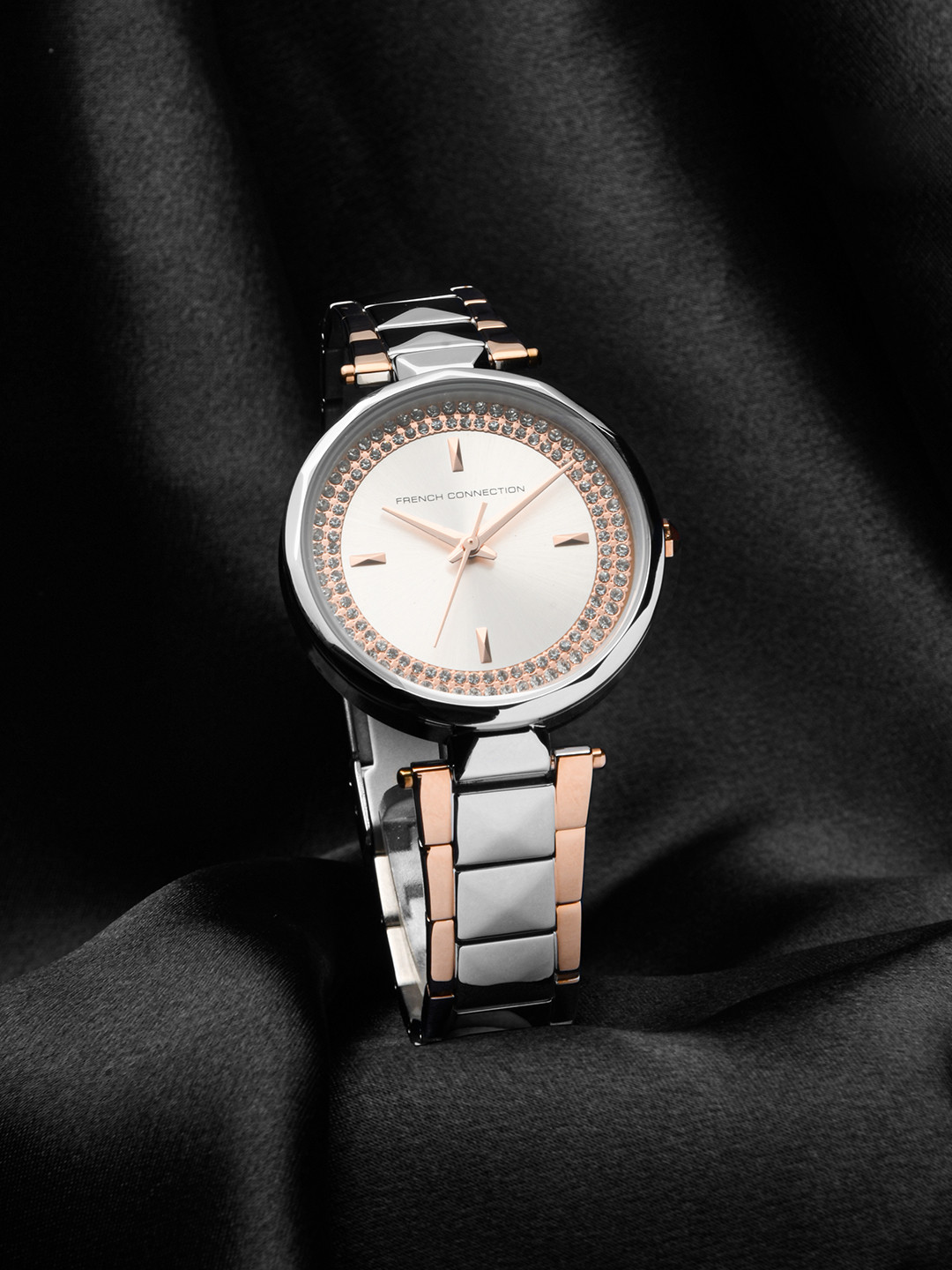 French Connection Women Silver-Toned Embellished Dial & Silver Tone Straps Analogue Watch