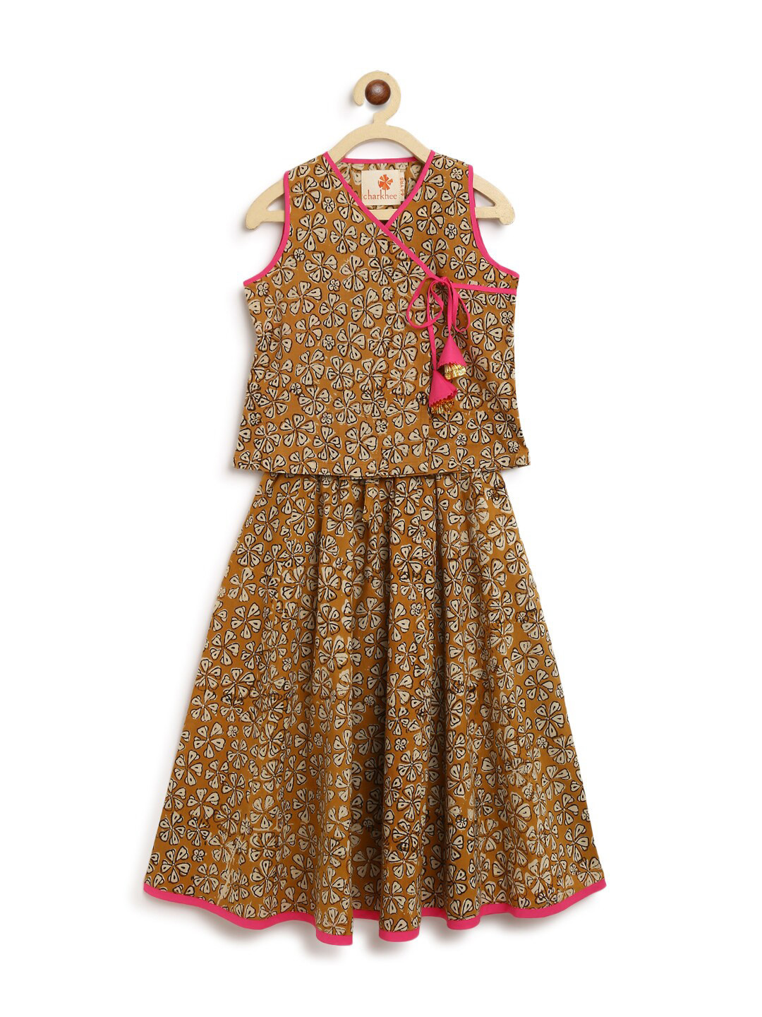 charkhee Girls Mustard & Pink Printed Ready to Wear Pure Cotton Lehenga Choli