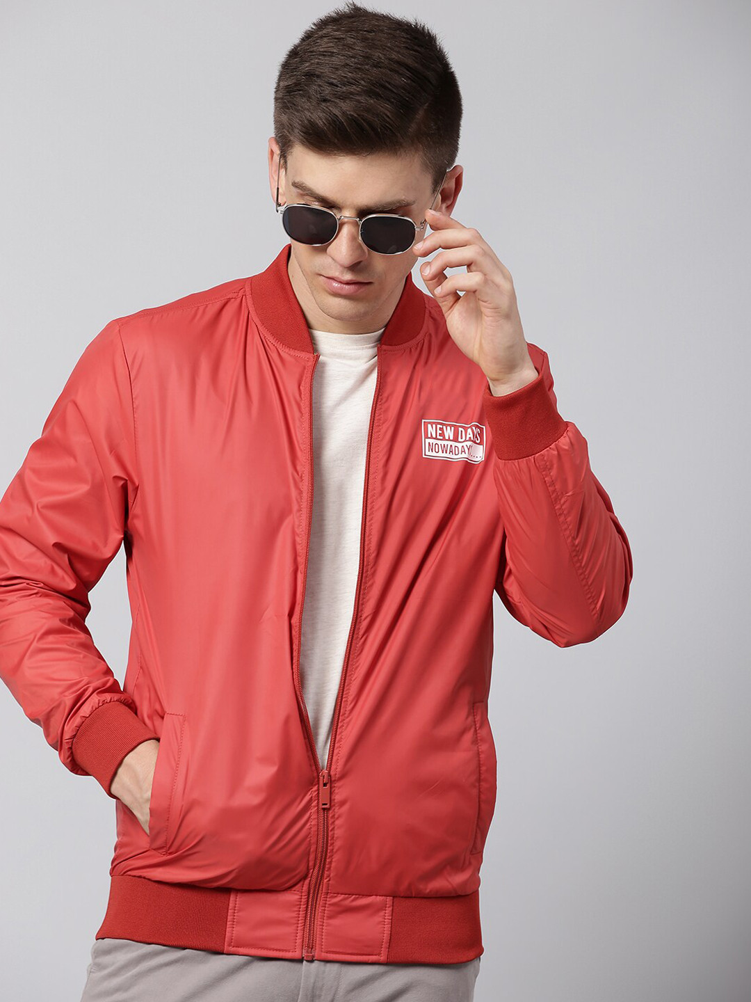 Dennis Lingo Men Lightweight Outdoor Bomber Jacket with Minimal Typography Print Detail
