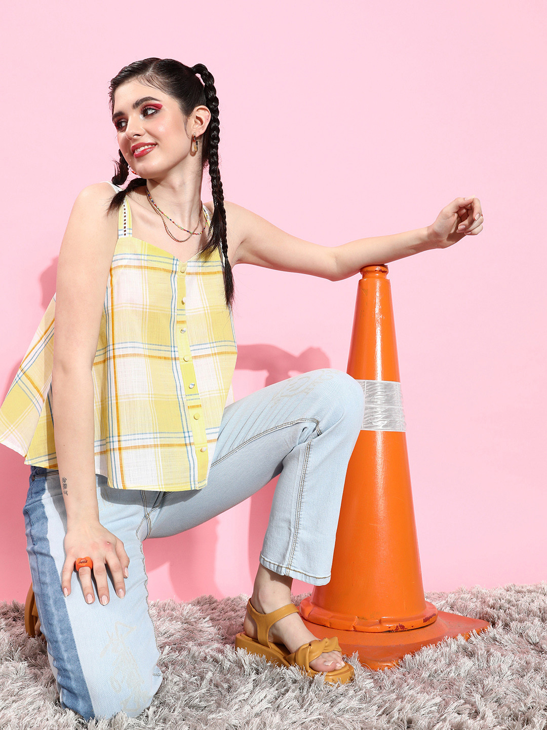 The Roadster Lifestyle Co. Checked Sleeveless Boxy Top