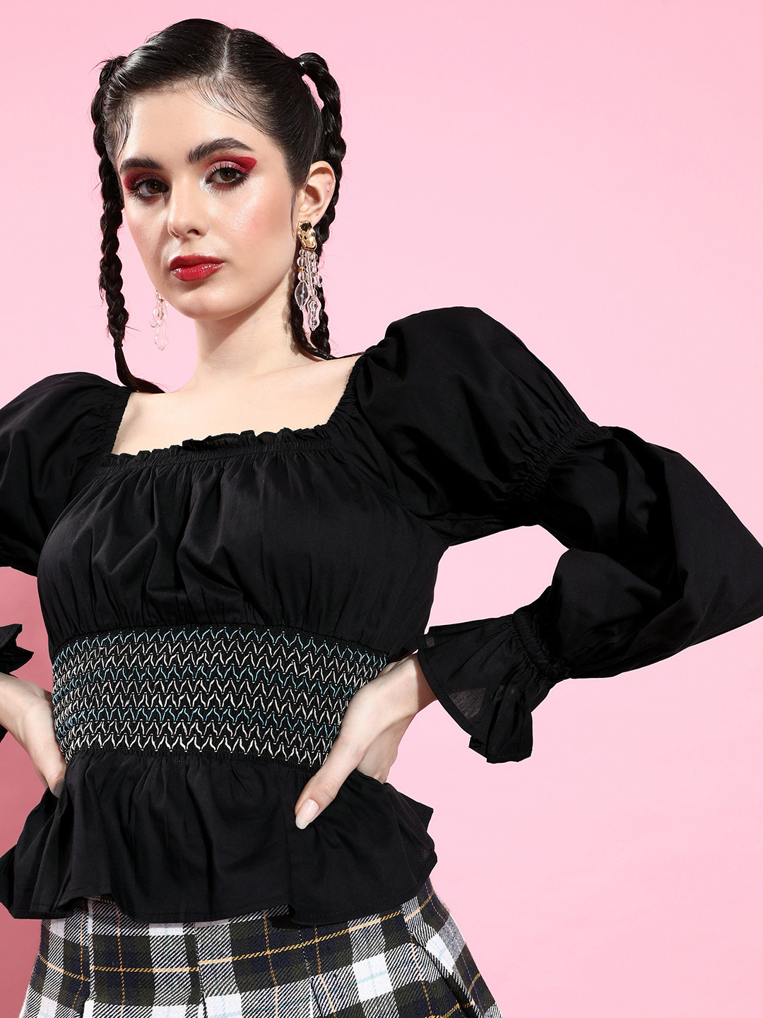 The Roadster Lifestyle Co. Jet Black Pure Cotton Bell Sleeves Smocked Peplum Top