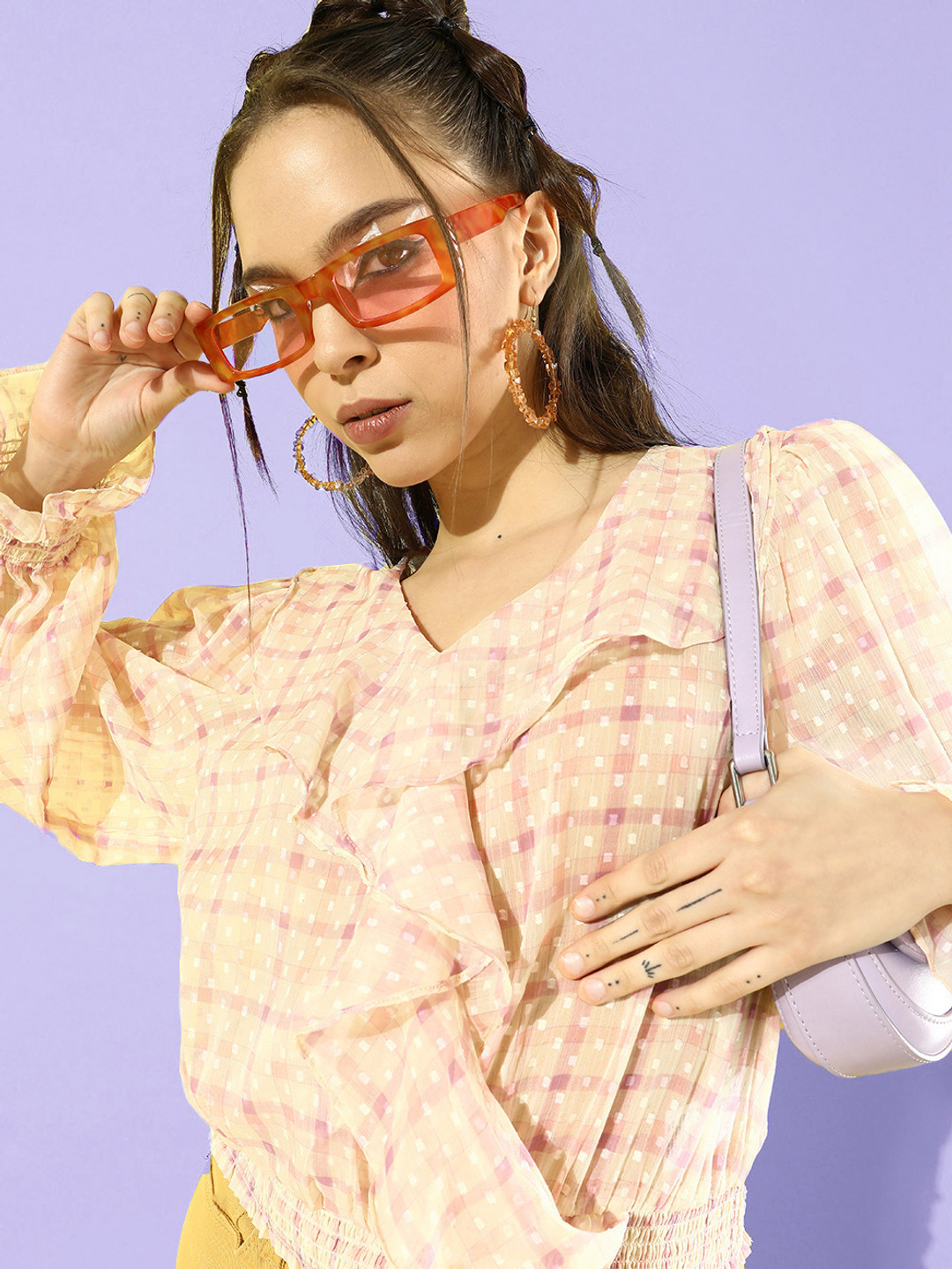 Roadster Pink & Purple Checked Ruffles Blouson Top