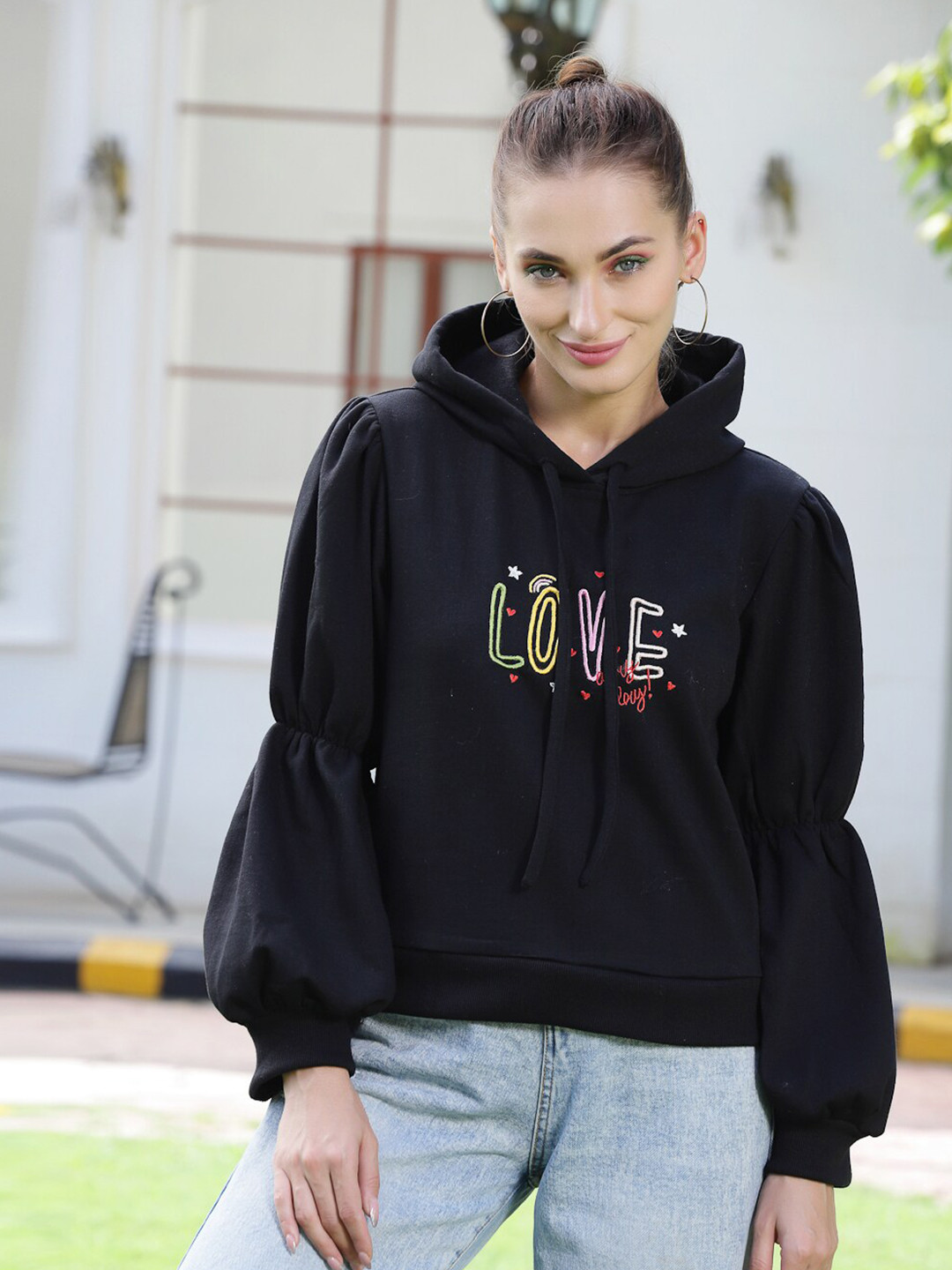 Athena Women Embroidered Hooded Puff Sleeves Sweatshirt