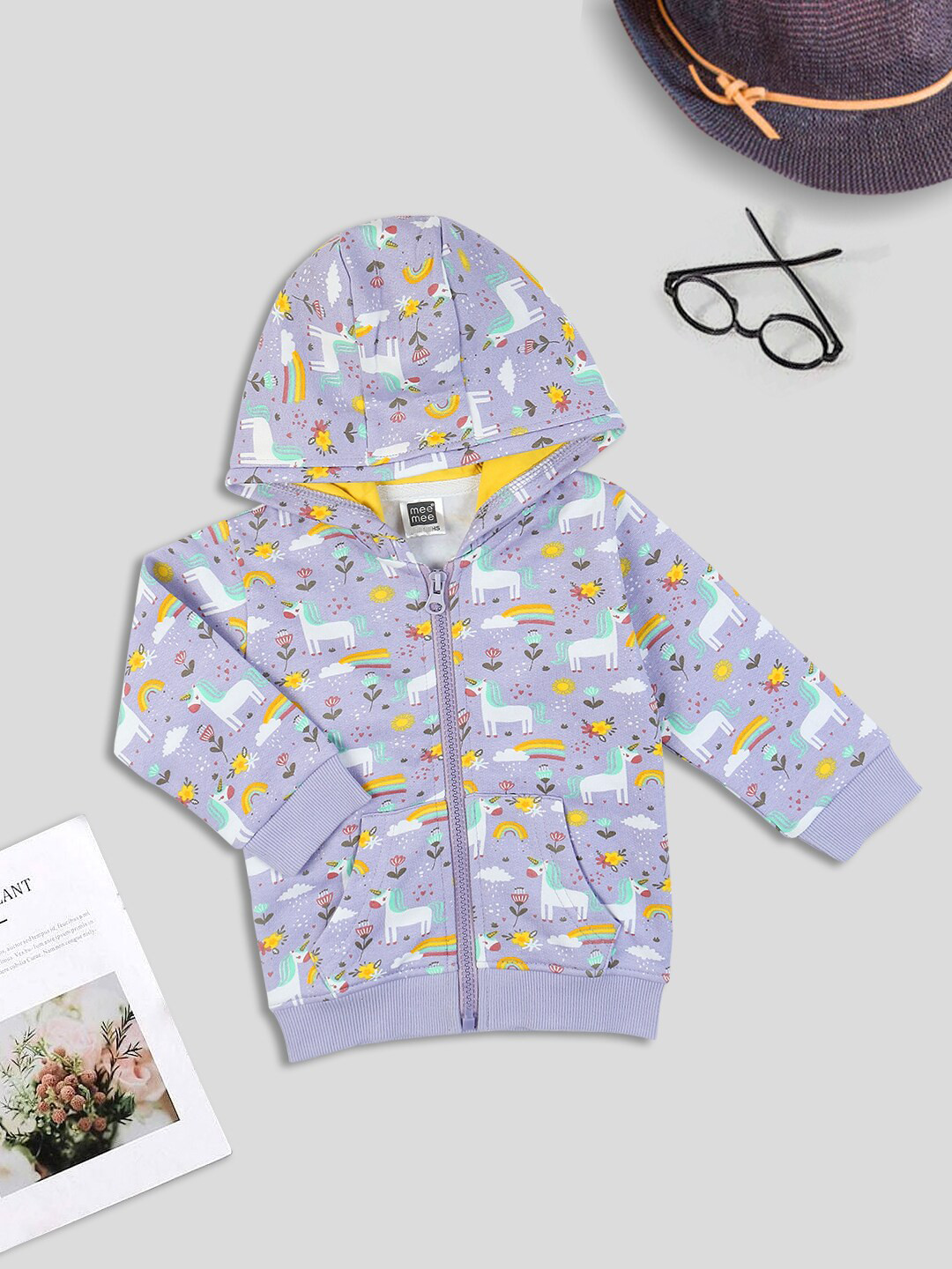 MeeMee Girls Lavender Floral Acrylic Puffer Jacket with Patchwork