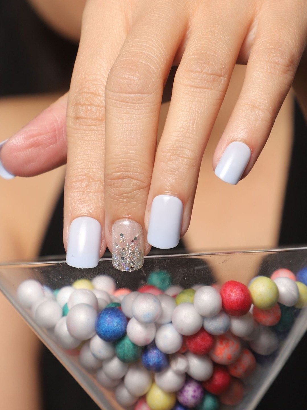 LICK  30 Pcs Reusable Glossy Light Blue Acrylic Nail Artificial Nail Set