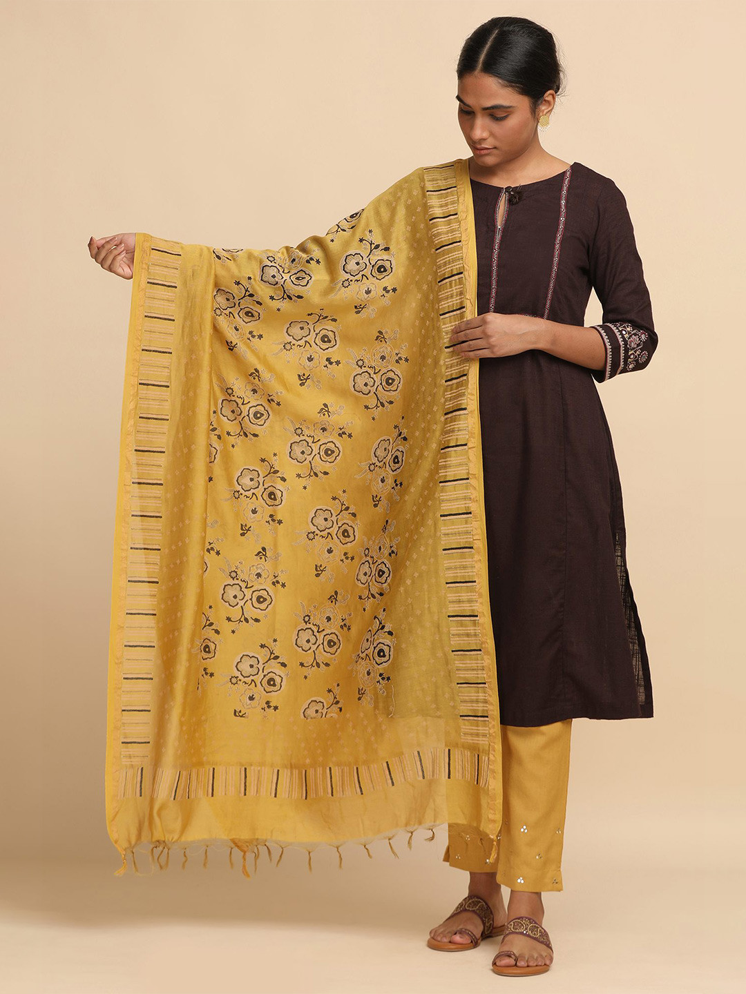 W The Folksong Collection Women Yellow Cotton Silk Block Printed Drape