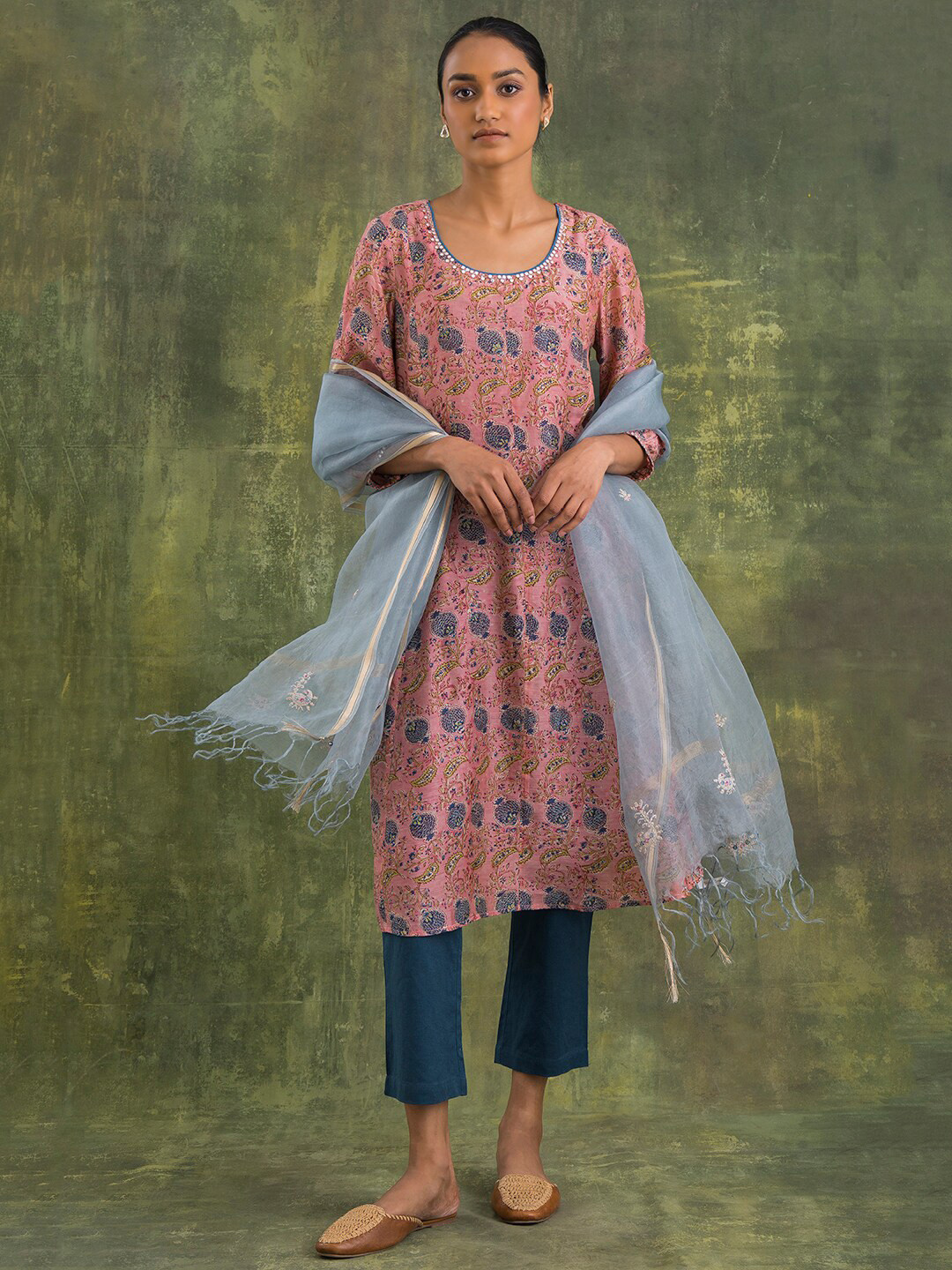 W The Folksong Collection Women Powder Blue Solid Silk Organza Drape