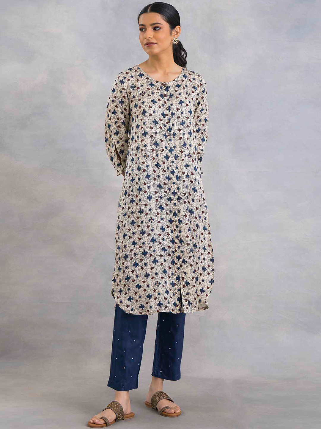 Folk Song  Folksong Collection Women Beige & Blue Geometric Printed Kurta