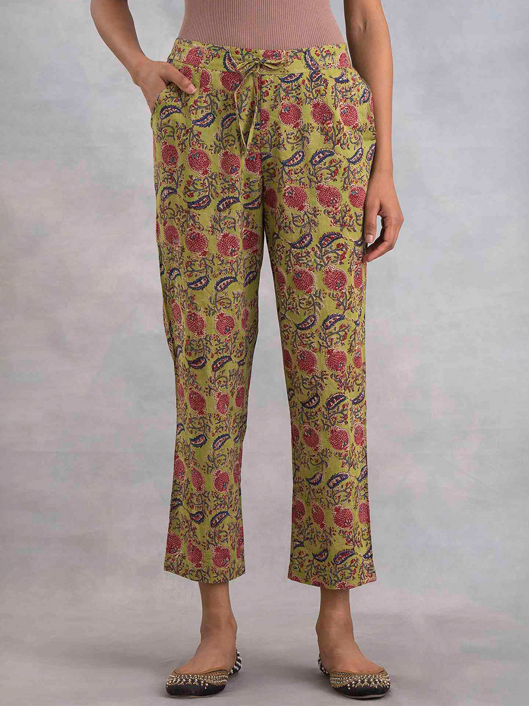 Folk Song  Folksong Collection Green Floral Printed Pure Cotton Straight Fit Easy Wash Trousers