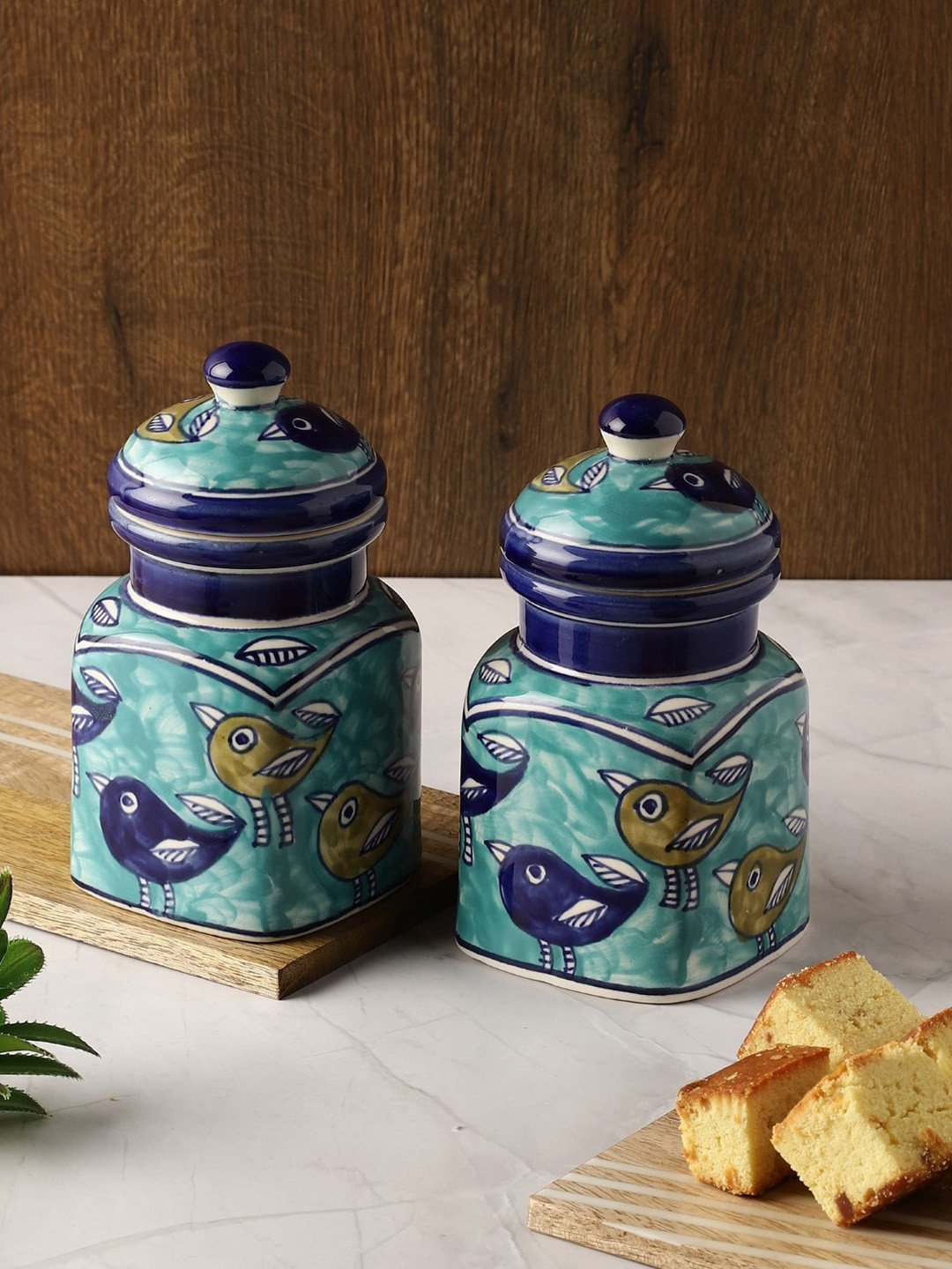 The Decor Mart Whimsical Bird Blue Animal Print Ceramic Dishwasher Safe 2 Piece Clip-On Jar-450ml