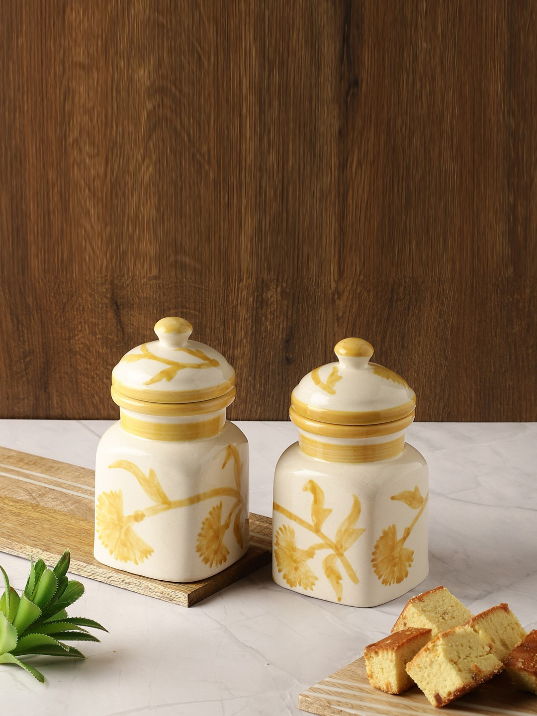 The Decor Mart Yellow Floral Ceramic Dishwasher Safe 2 Piece Flip Top Jar-450ml