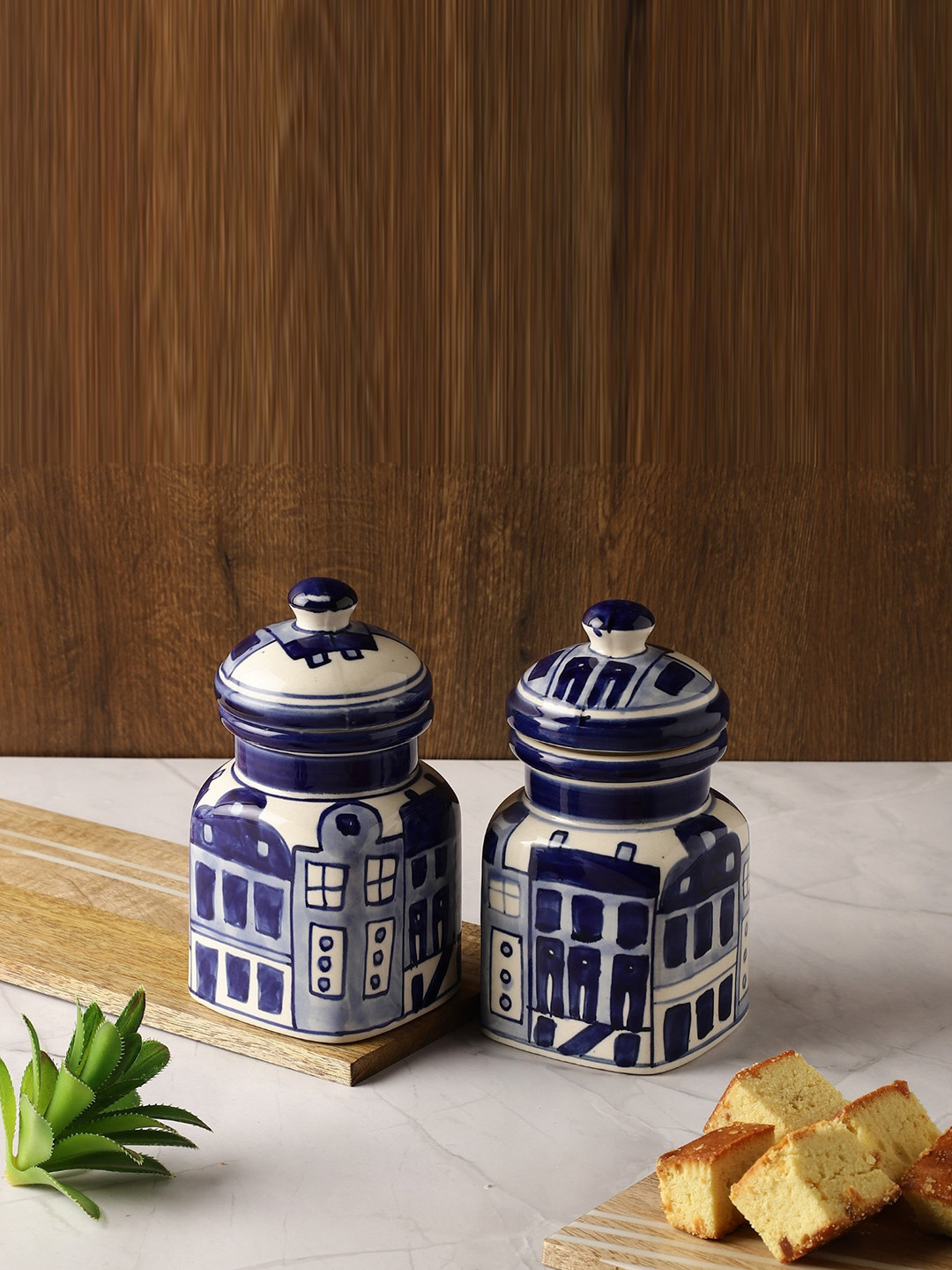The Decor Mart City in Blue Blue Geometric Ceramic Dishwasher Safe 2 Piece Flip Top Jar-450ml
