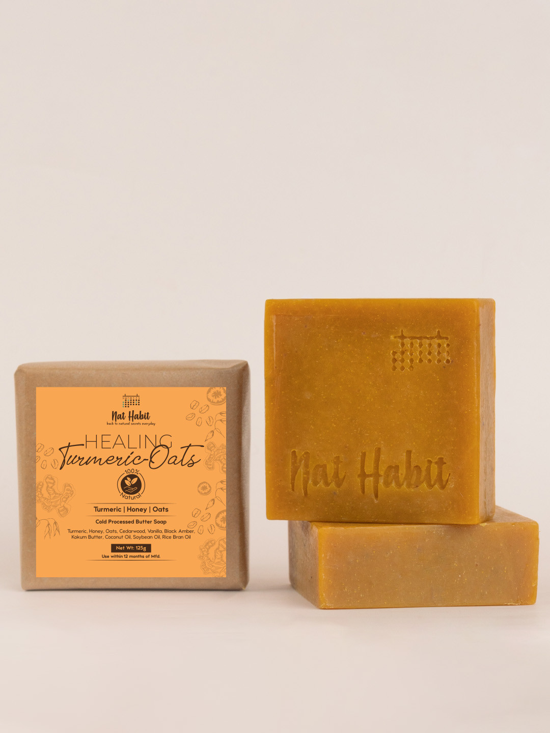 Nat Habit 2Pcs Healing Turmeric-Oats Bath Soap for Tan & Scar Removal - 125g each