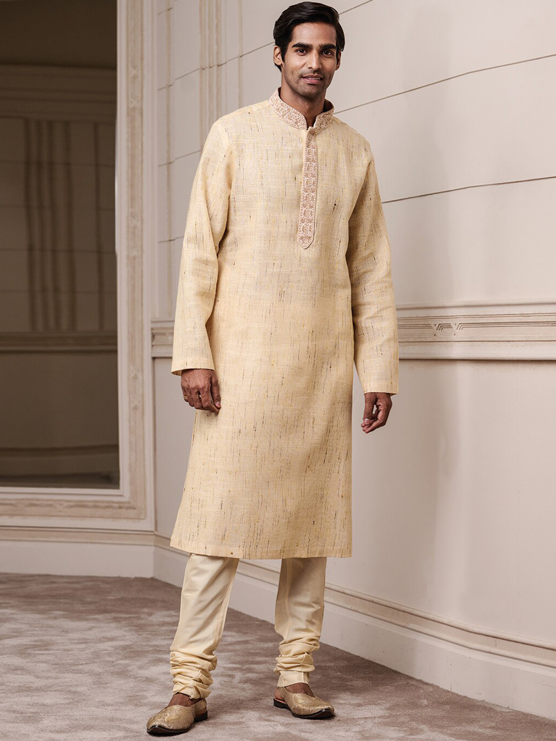 Tasva Men Beige Embellished Band Collar Textured Kurta with Churidar