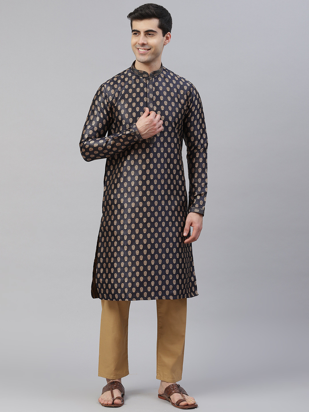 Readiprint Men Aubergine & Gold Jacquard Floral Straight Kurta with Pyjamas
