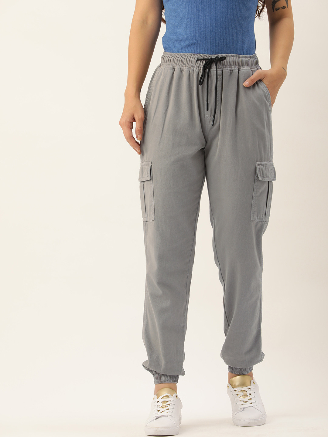 IVOC Women Grey Solid Pure Cotton Cargos Trousers