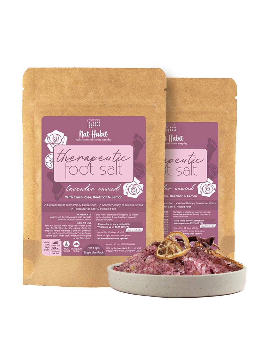 Nat Habit Set of 2 Therapeutic Lavender Unwind Foot Salt with Fresh Rose - 54 g Each