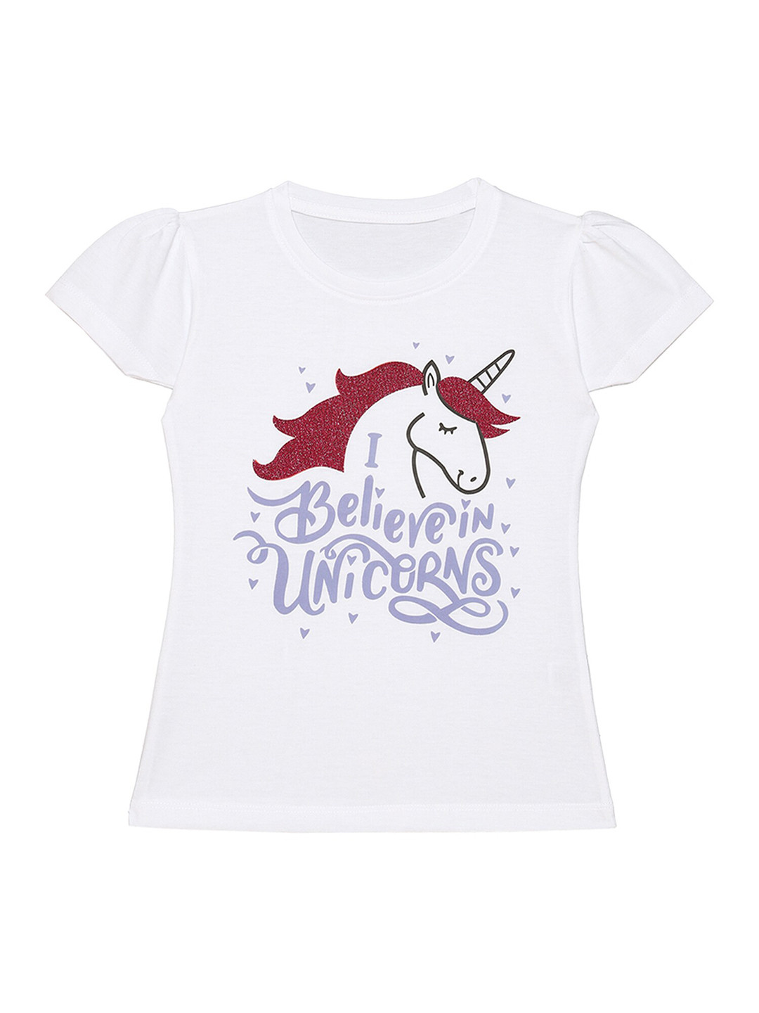 Wear Your Mind Girls Typography Printed Puff Sleeves Cotton T-shirt