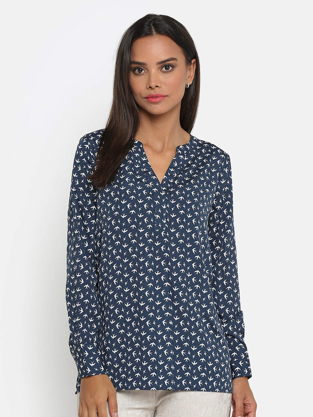 OFFICE & YOU Women Print Mandarin Collar Crepe Shirt Style Top