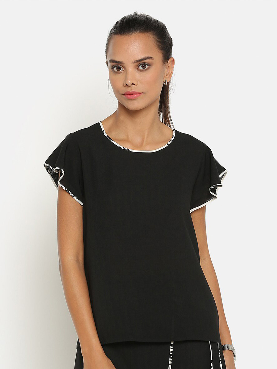 OFFICE & YOU Women Solid Round Neck Flutter Sleeves Top