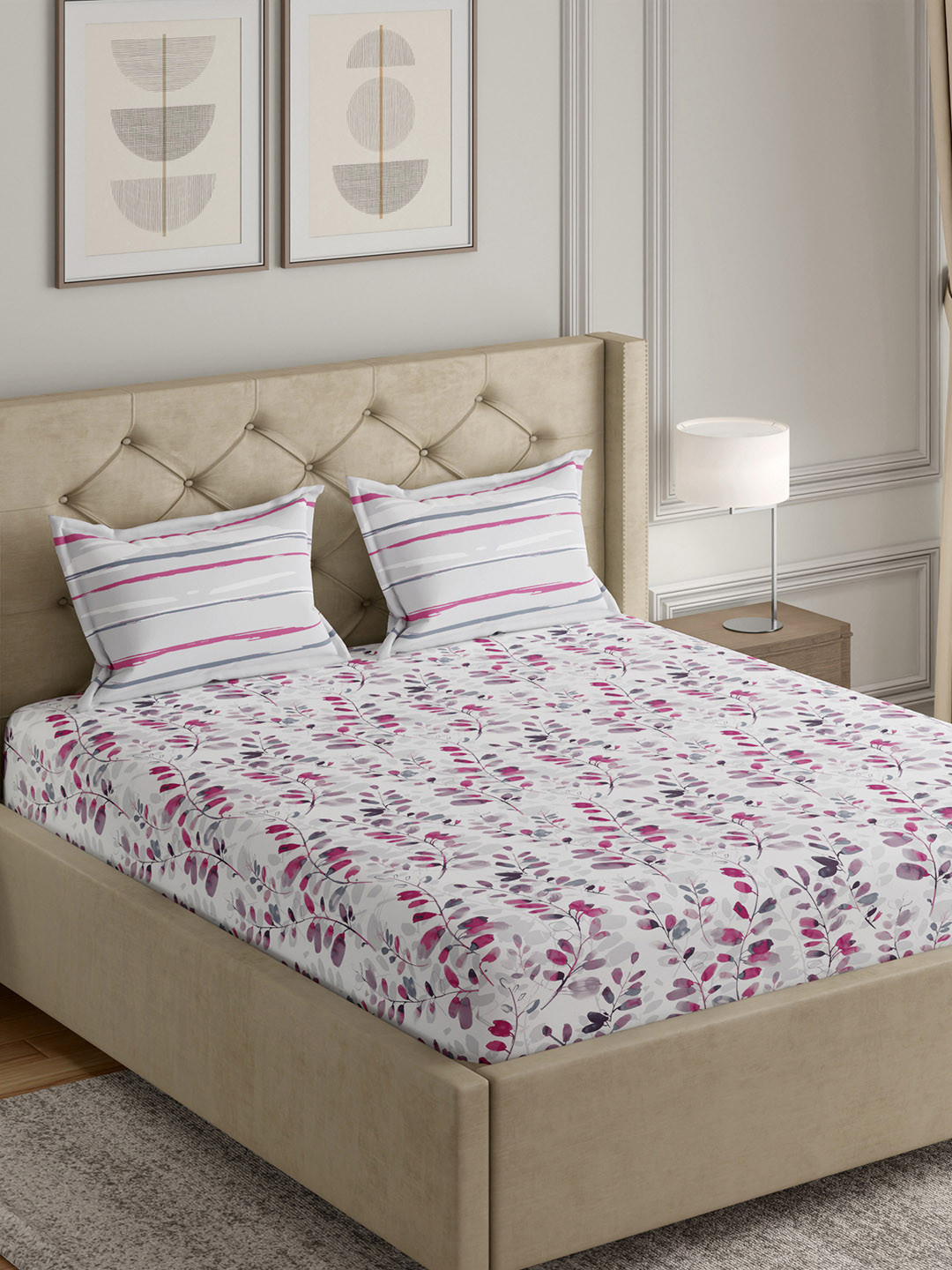 GM Phoenix Grey Floral Cotton 140 TC Queen Bedsheet with 2 Pillow Covers-100 x 90 inches