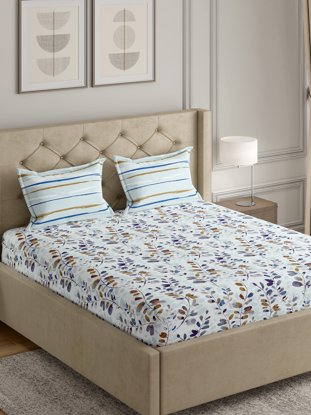 GM Phoenix Blue Leaf Cotton Skin-Friendly 140 TC Queen Bedsheet with 2 Pillow Covers-224 x 254 cm