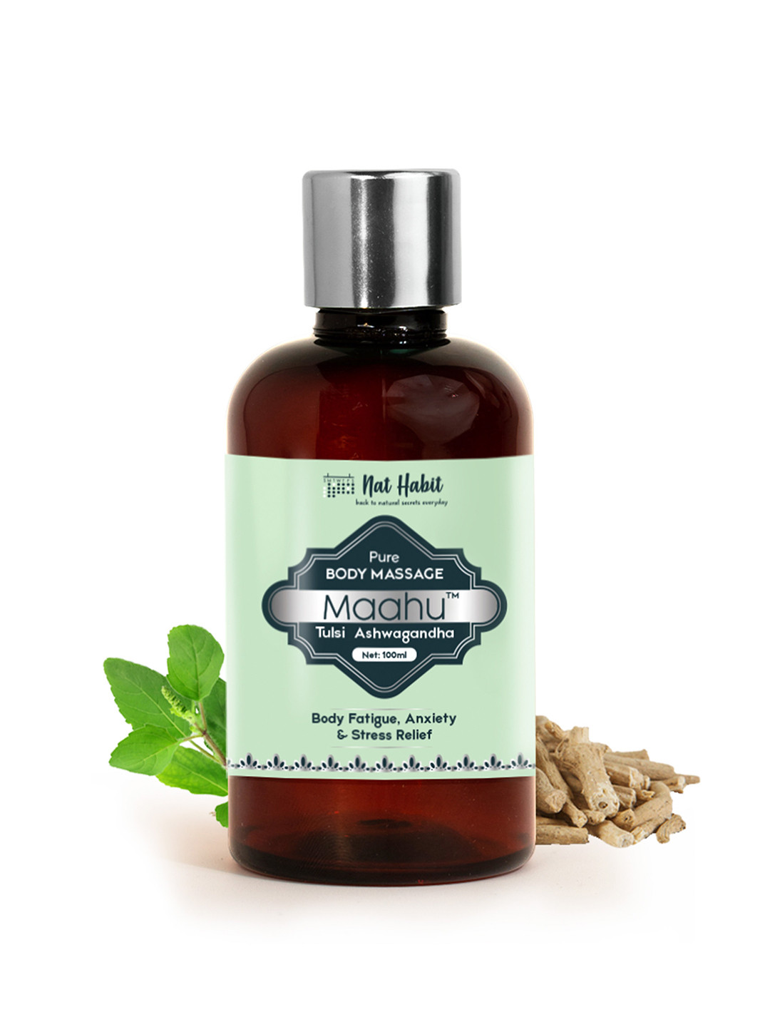 Nat Habit Pure Maahu Tulsi Ashwagandha Body Massage Oil for Stress Relief - 200 ml