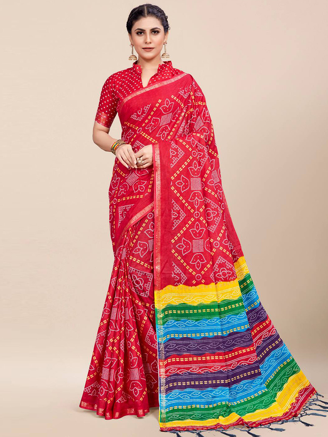 KARAGIRI Red & Yellow Bandhani Saree