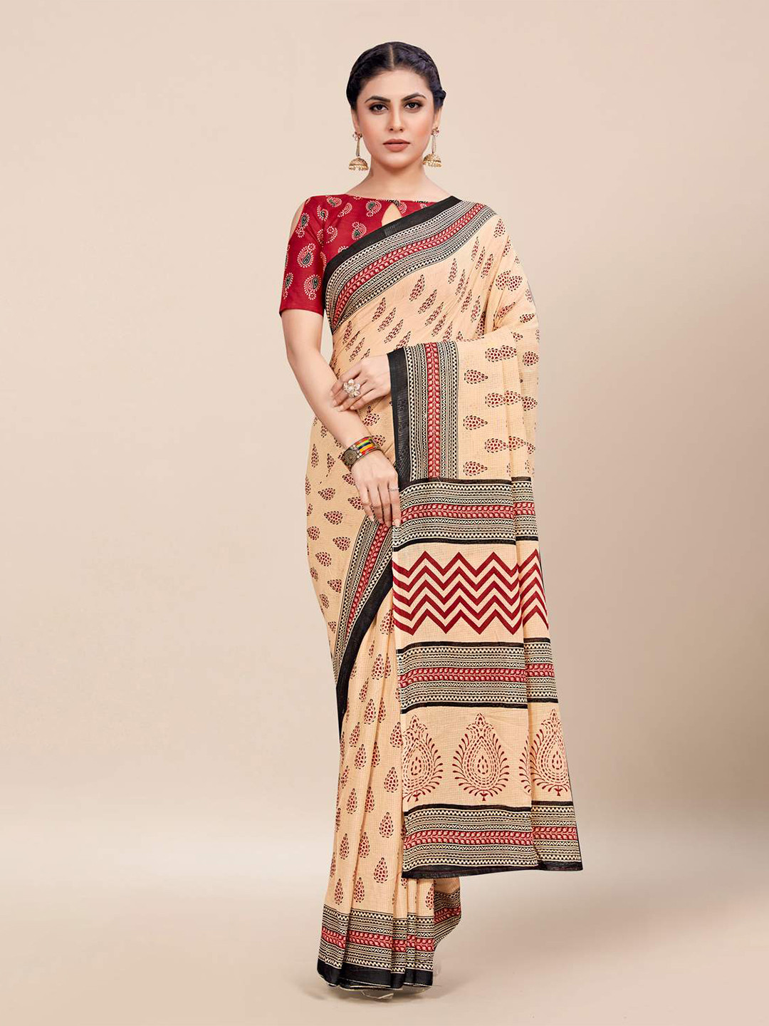 KARAGIRI Cream-Coloured & Red Ethnic Motifs Saree