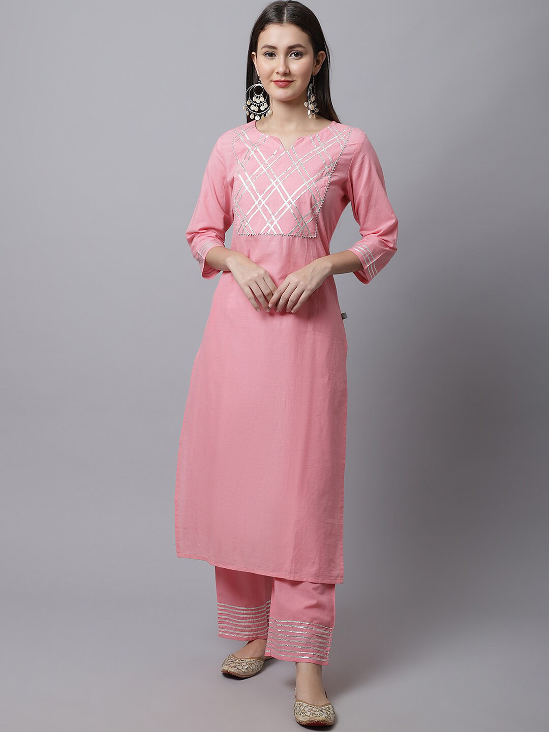 Pistaa Women Pink & Silver Self Design Pure Cotton Straight Kurta with Palazzos