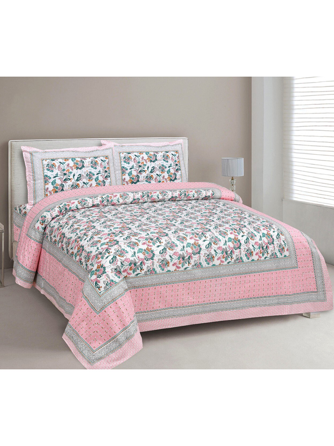 MAFATLAL Pink & White Floral 210 TC Queen Bedsheet with 2 Pillow Covers