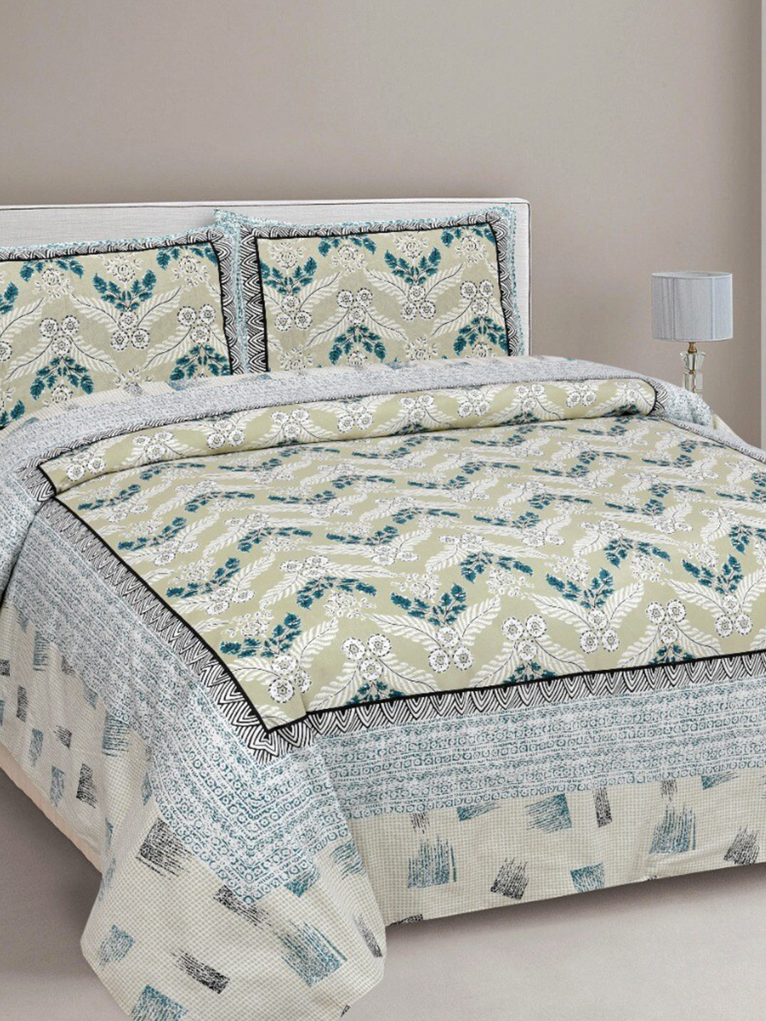 MAFATLAL Madhuban Olive Floral Cotton 210 TC King Fine Bedsheet with 2 Pillow Covers-93 x 108 inches