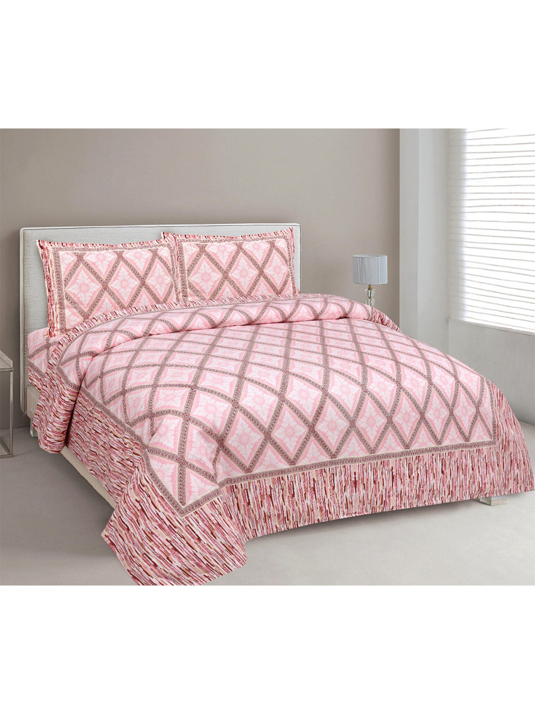 MAFATLAL Madhuban Pink Geometric Cotton 210 TC King Fine Bedsheet with 2 Pillow Covers-108 x 108 inches