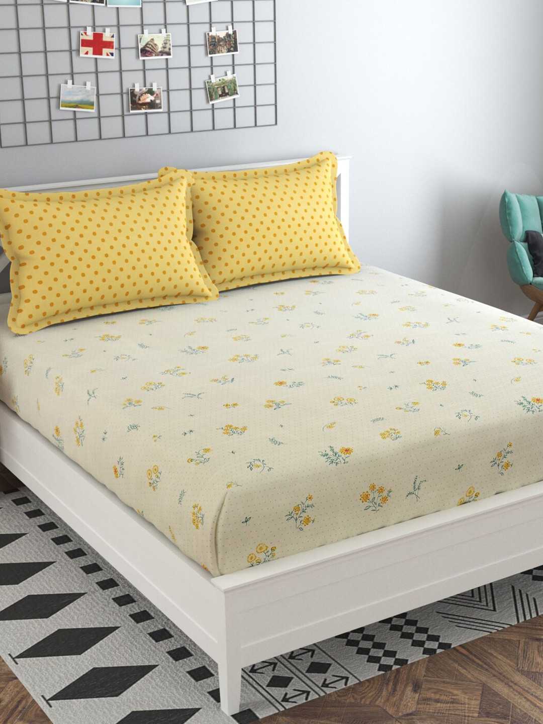 MAFATLAL Plush Yellow Floral Cotton 210 TC King Fine Bedsheet with 2 Pillow Covers-93 x 108 inches